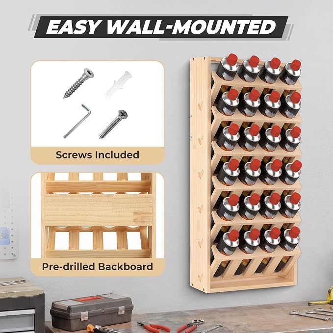 Sidasu Spray Can Holder, 6-Tier Wall Mount Spray Paint Storage Rack | 24-Can Capacity, Wooden, DIY Paintable, Paint Can Organizer for Garages and Workshops