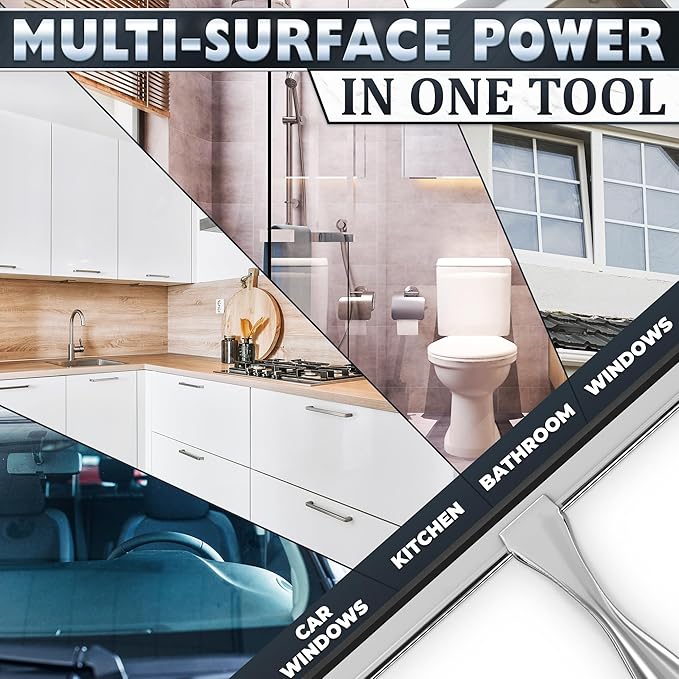 Shower Door Squeegee with Hook, 10" Silicone Blade, Steel (Silver) | Squeegee for Shower Glass with Adhesive Mount; All-Purpose Bathroom Tile, Mirror, & Window Wiper for Streak-Free Cleaning