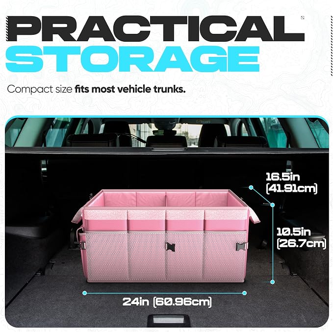 FORTEM Trunk Organizer - Foldable Car Organizer & Storage for SUVs & Trucks | Car Accessories for Men Women, Collapsible Bag, Non Slip Bottom, Straps, Soft Cover, 600D Oxford, Pink, 3 Compartments, 65L