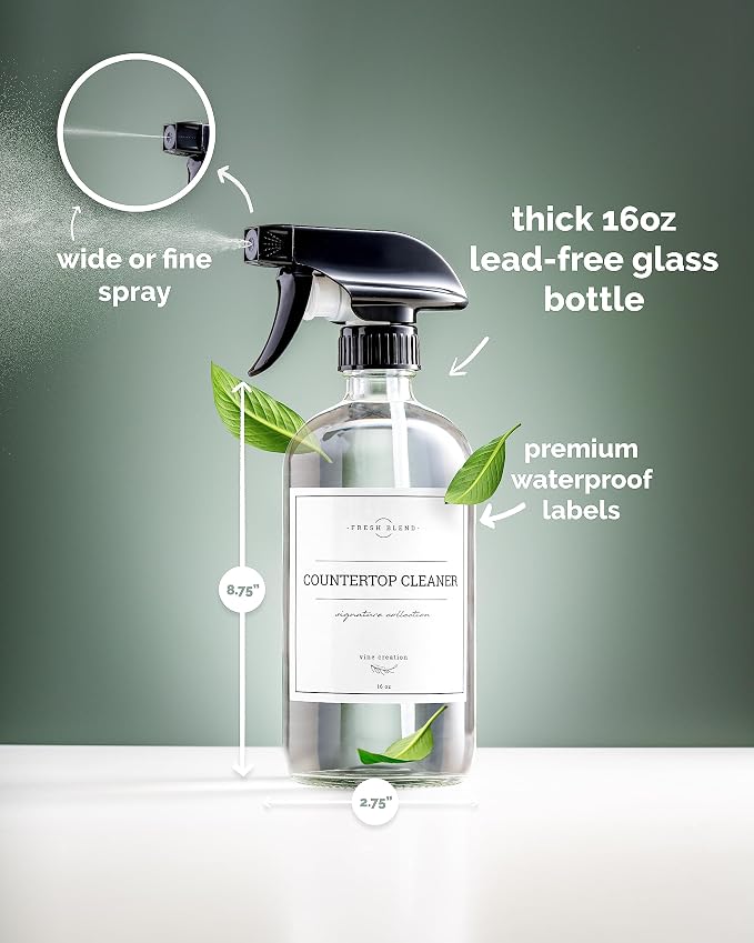 Vine Creations Glass Spray Bottles, 2 Pack Refillable Spray Bottles for Cleaning Solutions, Plant Misters, Clear Glass Spray Bottle for hair, 16 oz Mister Spray Bottle with Waterproof Labels