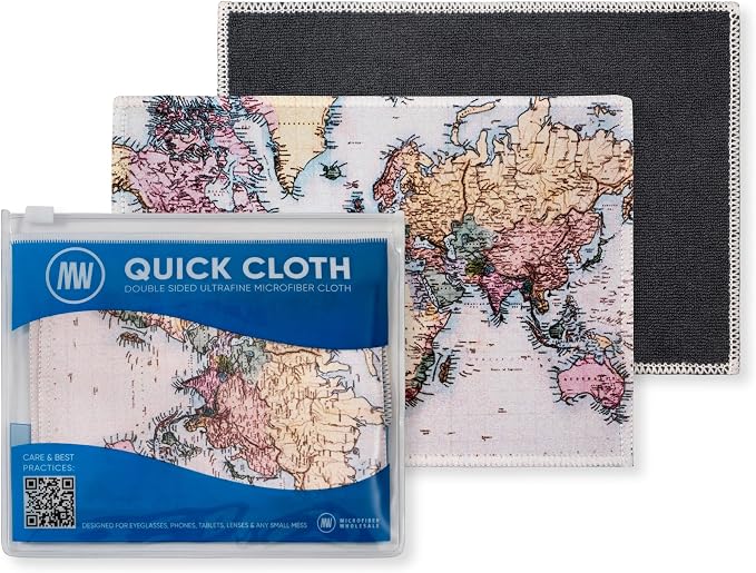 Microfiber Wholesale Quick Cloth Glasses Cleaning Cloths 5x7 World Map | 2-Pack with Case | Double-Sided Lens Cleaner for Eyeglasses, Camera & Screens | Reusable Microfiber Glass Polishing Cloths