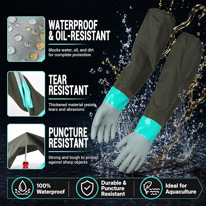 2 Pairs Aquarium Gloves Heavy Duty - 27.5 inch Waterproof Oil Resistant Anti-Slip Moisture-Wicking Elbow Length Gloves for Cleaning Pond Pet Fishing Garden Machinery Industry, Light Blue Gray
