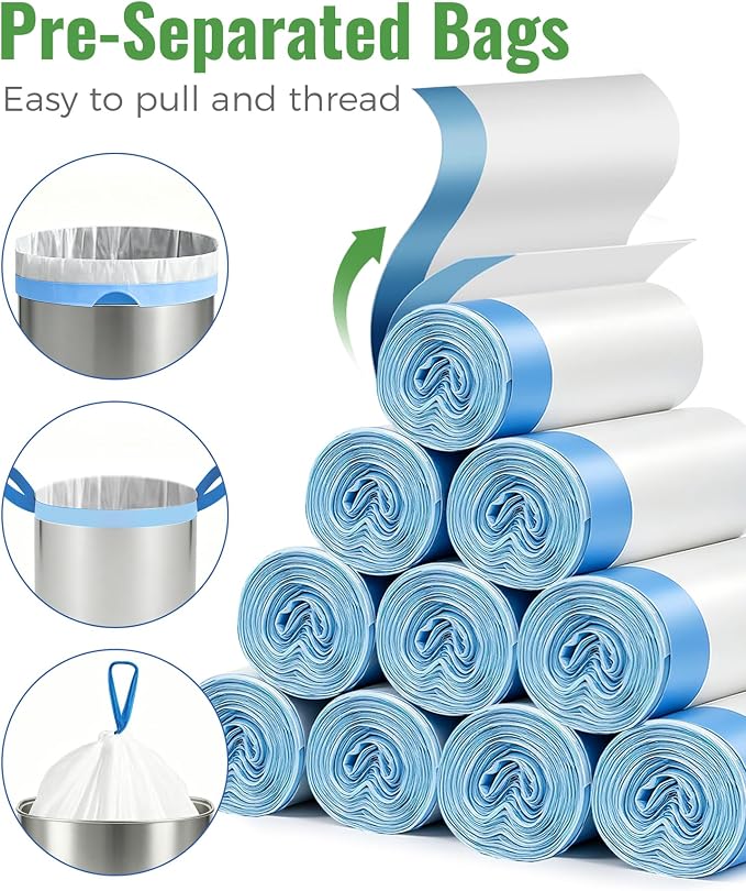 Charmount Trash Bags 2.6 Gallon, 300 Count Drawstring Garbage Bags | Office, Kitchen Trash Can Mini Trash Bags for Wastebasket Bin Liner, Unscented, Bathroom Accessories, Dorm Room Essentials