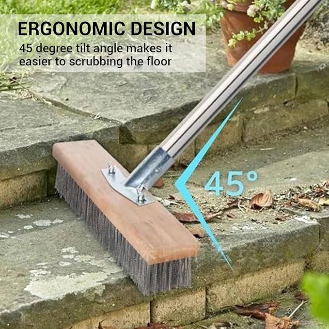 Deck Brush with Long Handle, Wire Deck Scrub Brush, High Efficiency Stainless Steel Deck Scrubber for Cleaning Concrete Patio Floor