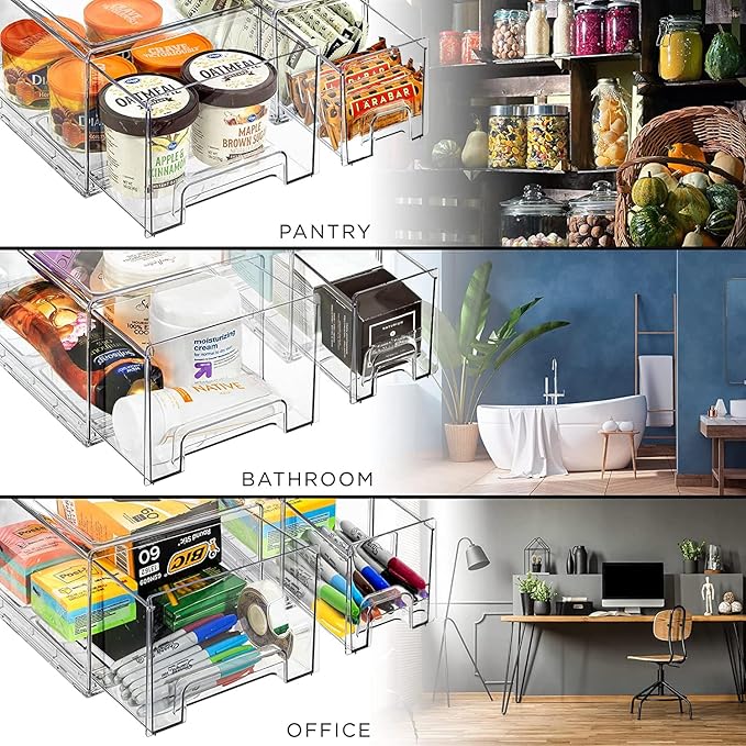 Sorbus Clear Stackable Storage Drawers with Pull-Out Bins (Medium, 2 Pack) | Easy-access plastic organization for pantries, offices, bathrooms and closets; supports sorting and visibility.