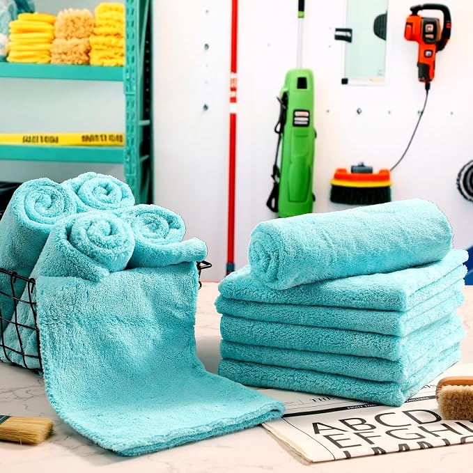 Shimeyao 30 Pcs 16 x 16 Inch Edgeless Microfiber Plush Towels for Cars Detailing Drying Wash Polishing Absorbent Cleaning Cloths, 500 GSM (Teal Blue)