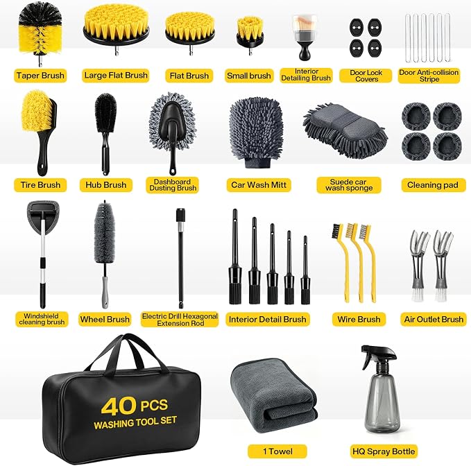 40 Pcs Car Detailing Kit Interior, Tote Includes Premium Drill Brush | Windshield Cleaning Tool Interior,Detailing Brushes Tire Brush Towels and Wheel Car Wash Kit for Cars, Trucks and Motorcycles