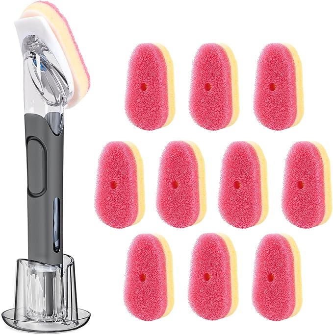 RIMAY Soap Dispensing Dish Brush Set with 10 Sponge Refills and Holder | Dish Brush with Soap Dispenser Kitchen Dishwashing Dish Wand Handle for Dishes, Pans, Pots, Sink