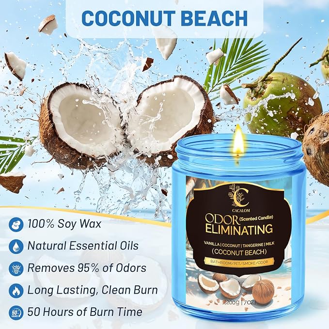 Coconut Odor Eliminating Candles, Pet Scented Candles for Home, Single Wick Soy Candle Gifts for Women, Men, Ideal for Creating Relaxing Atmosphere, Over 50 Hours of Burn Time (Pack of 2)