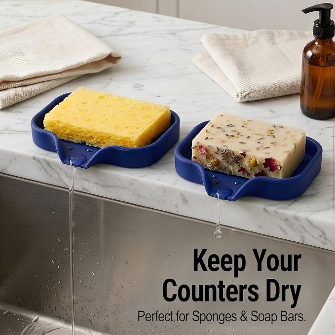 Zulay Kitchen Small Silicone Sponge Holder (4.9x3.3”) – Space-Saving Sink Organizer Tray for Sponge, Soap, Brush & More – Compact Non-Slip Dish for Kitchen & Bathroom (Dark Blue)