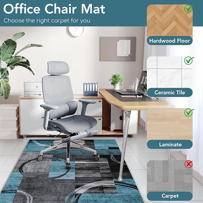 Office Chair Mat for Hardwood Floor&Tile Floor,48"X 60"-Geo Blue Gray | Heavy Duty Desk Chair Mat for Hard Floors,Under Desk Rug for Rolling Computer Chair,Anti Slip,Low Pile Carpet Floor