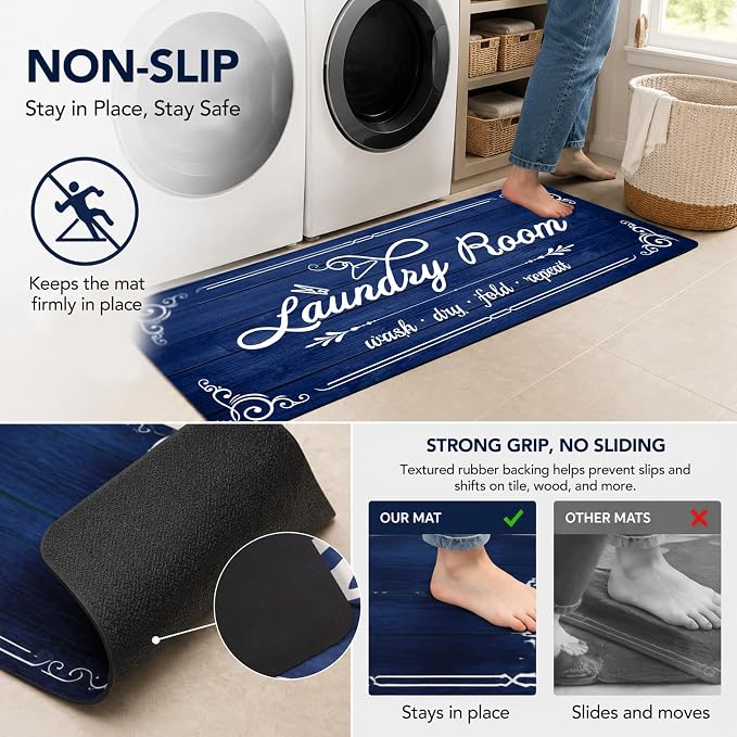 Non-Slip Laundry Room Rug Runner 17.3"x47.2" Washable Floor Cushioned Rubber Carpet Blue Bathroom Hallway Mudroom Kitchen Mat for Farmhouse Entryway Washroom Decor Accessories