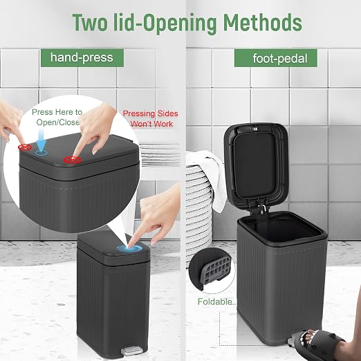 rejomiik Small Bathroom Trash Can with Lid Slim Soft Close Garbage Can Step Wastebasket Container Trash Bin for Office Bedroom Kitchen Living Room (2.6 Gallon Dark Gray) | Garbage Can with Pedal for Office, Bedroom, Kitchen & Living Room, Narrow Plasti...