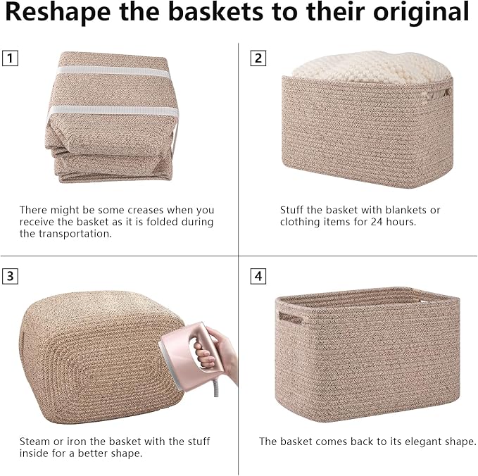 OIAHOMY 4 Pack Storage Baskets for Organizing 24L Cube Storage Bins Brown | Woven Baskets for Storage Rectangle Small Baskets With Handles Baskets for Shelves Wicker Baskets for Shelves 16x12x8inch