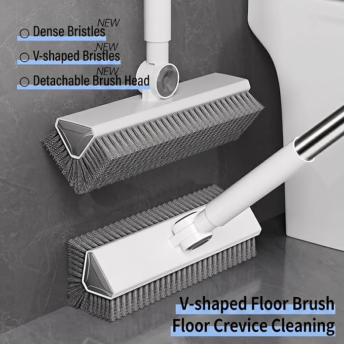 V-Shaped Floor Scrub Brush with Long Handle, Heavy-Duty Stiff Bristle Grout Cleaning Brush, 180° Rotating Tile Scrubber for Bathroom, Shower, Kitchen, Garage, Patio, Deck & Concrete Floors