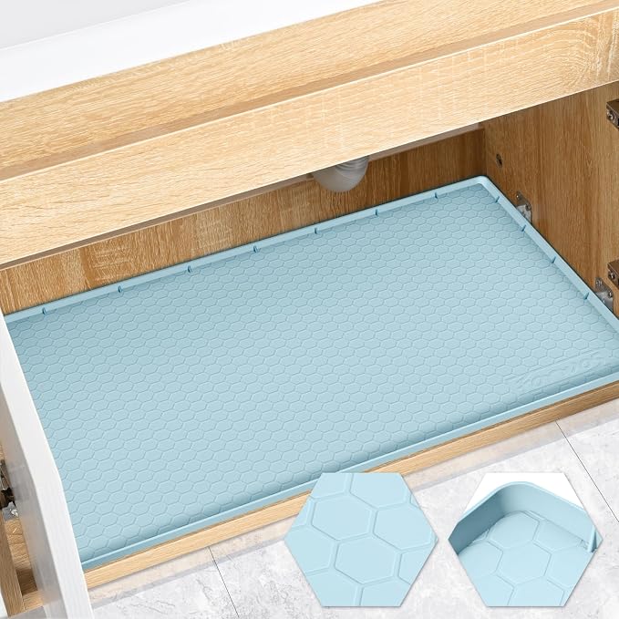 Silicone Under Sink Mat 28"x22", Waterproof Cabinet Liner, LightBlue | Shelf Liner, Cabinet Protector, Home Organizer, for Kitchen, Bathroom, Multipurpose, Leak Proof, Easy Clean, Drip Tray, Clean