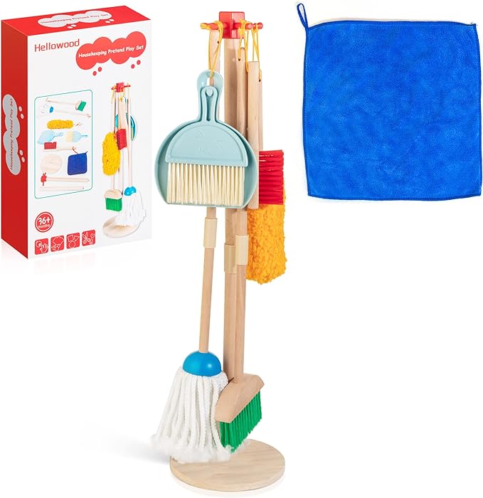 Kids Cleaning Set, 8 Pcs Wooden Housekeeping Play Toy Broom Mop Set | Brushes Rag and Organizing Stand, Montessori Cleaning Toys Gift for Toddlers Girls Boys Age 3-6, Solid Beech Wood