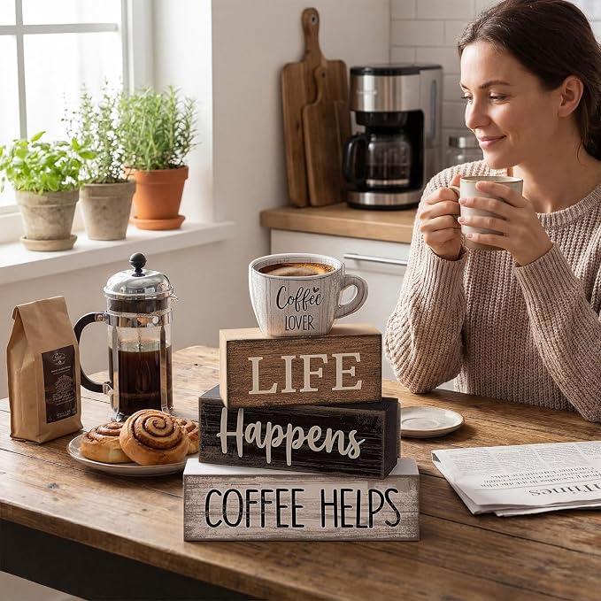 Moucuny 4 Pcs Wooden Coffee Bar Signs Farmhouse Table Decor Blocks | Stackable Rustic Blocks with Quotes, Tiered Tray Accessories, Kitchen Countertop Centerpiece, Home Cafe Corner Decorations