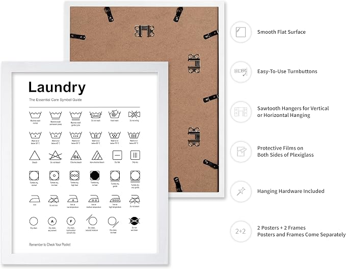 Poster Master 2-Piece Essential Guide for Laundry Print - Stain Removal Poster - Infographic Art - Black & White Design - Symbols & Instructions Art - Laundry Room Decor - 8x10 White Framed