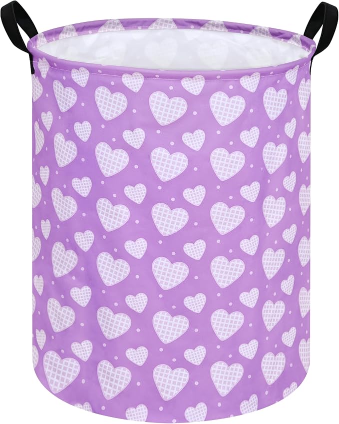 Round Valentine's Heart Pattern Laundry Hamper Clothes Storage Basket Fabric Storage Hamper Organization Storage Bin, Nursery Box,Gift Basket with Handles