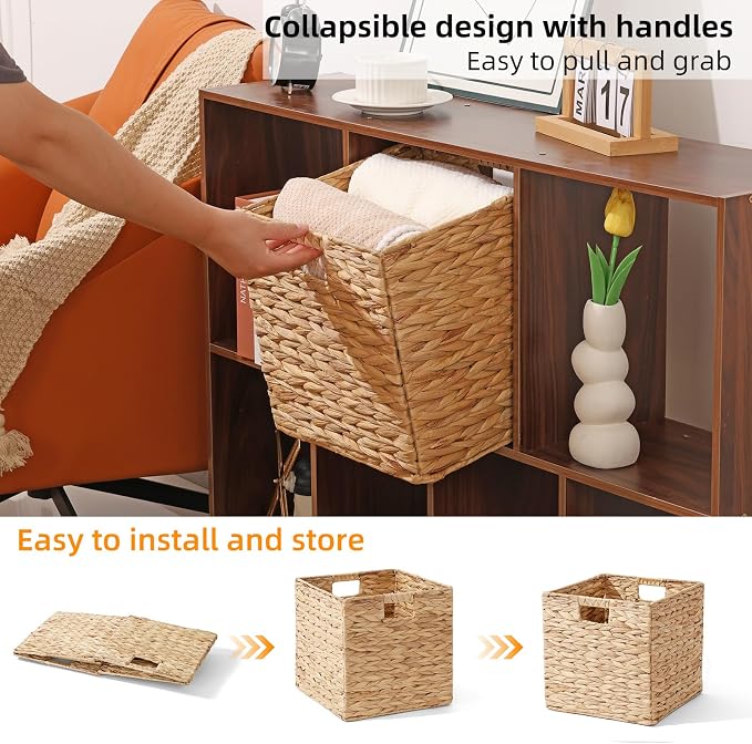 Water Hyacinth Storage Basket, Set of 2 Hand-Woven Wicker Baskets, Foldable Cube Storage Bins, Wicker Cube Laundry Organizer, Square Baskets for Organizing Shelves Decor, 12x12x12in