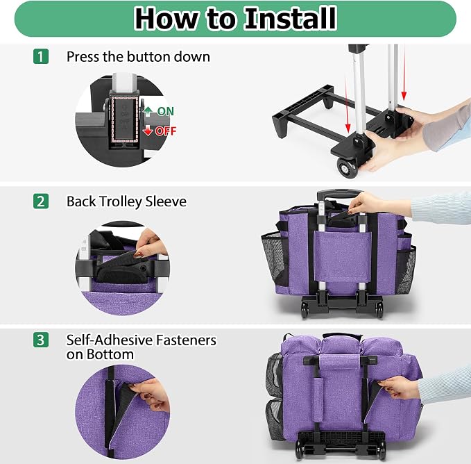 LoDrid Professional Rolling Cleaning Bag with Detachable Trolley, Purple | Portable Cleaning Cart with Shoulder Strap for Housekeepers, Patent Design