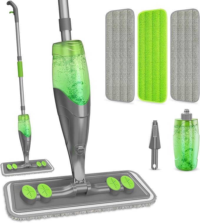 Spray Mop for Floor Cleaning - Wet Dry Mops for Multi-Surfaces | 3 Microfiber Washable Pads Compatible With Swiffer Powermop, 500+ ML Refillable Bottle, 360° Swivel Head, Grey Green