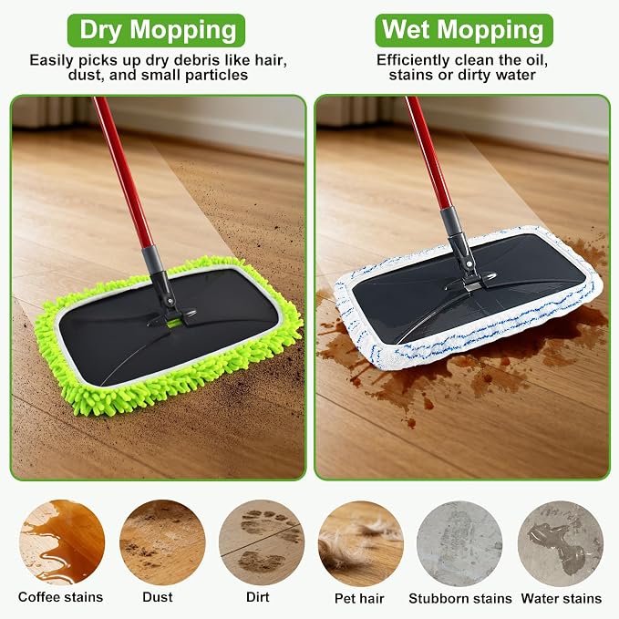 Microfiber Flat Mops for Floor Cleaning Ocedar Hardwood Floor 'N More Mop, Large Surface Dust Flat Mop with 2 Reusable Pads & 1 Extendable Handle, Washable Hardwood Floors Mopping to Dry and Wet Clean