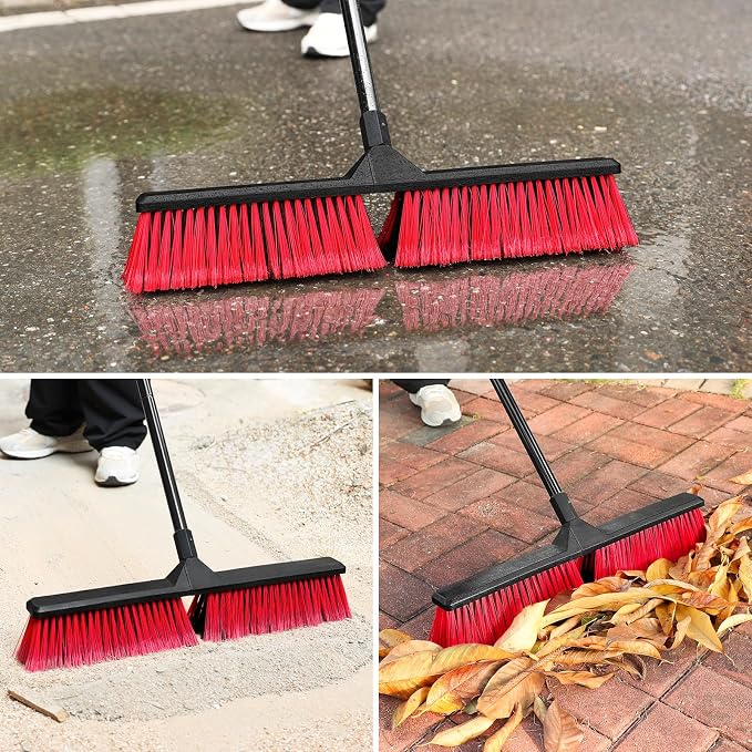 3PK 24" Push Broom Outdoor, Stiff Bristle Push Broom Brush for Workshop, Garage, Concrete, Patio and Deck Floor Sweeping(63" Long Handle)