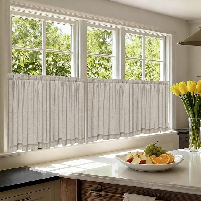 Small Window Curtains for Kitchen 30 Inches Long 2 Panels Semi Sheer | Light Filtering, Boho, RV Camper Curtain, Rod Pocket Drapes, for Living Room, Half Windows, Burlywood Birch, W25XL30 Inches