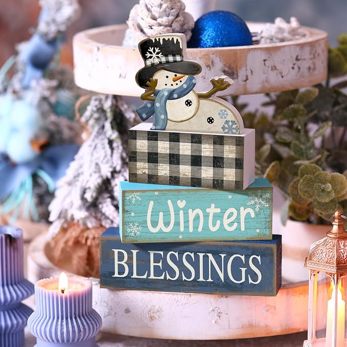 Moucuny 4 Pcs Winter Snowman Wooden Signs Farmhouse Tiered Tray Decor | Buffalo Plaid Snowman Design, Shelf Decor for Kitchen Living Room, Rustic Centerpiece, Winter Blessings for Farmhouse