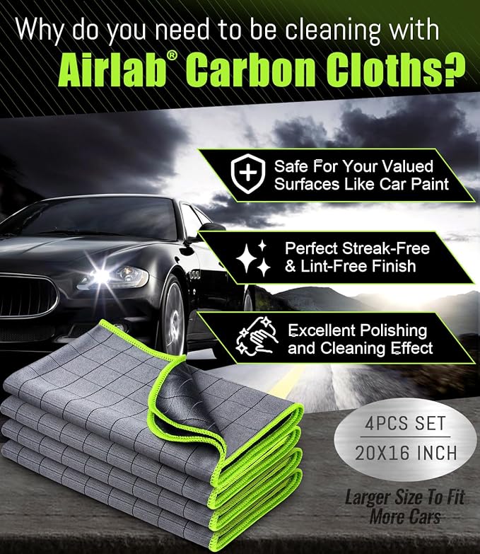 Airlab Microfiber Towels Cars Wash Drying Cleaning Cloth, Light Grey-Green | Carbon Fiber Detailing Glass Window Polishing Lint Free, Streak Free, 20" x 16", Pack of 4