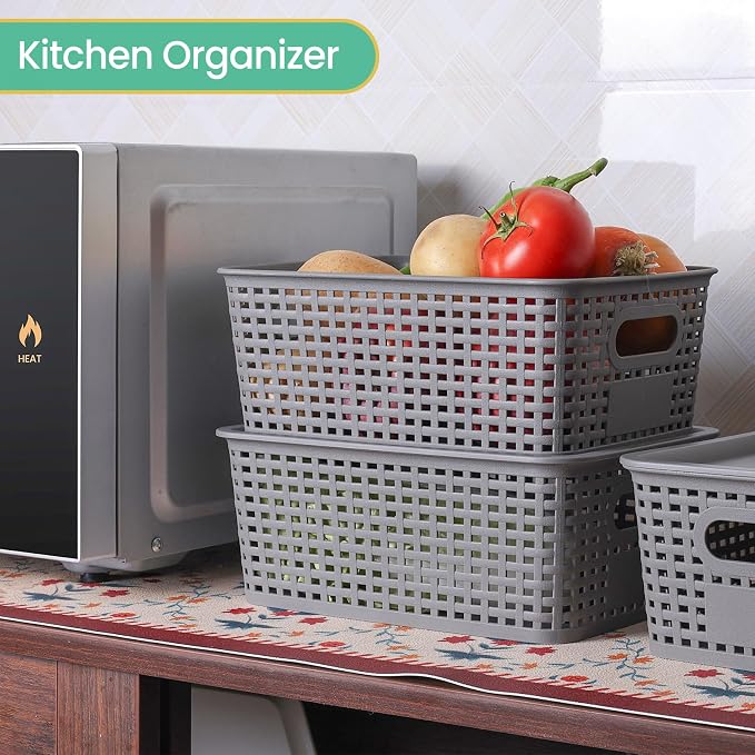 Ohmlove 8 Pack Plastic Storage Baskets with Lids for Organization | Stackable Storage bins, Storages Baskets for Organizing Shelves Drawers Desktop Closet Playroom Classroom Office, Gray
