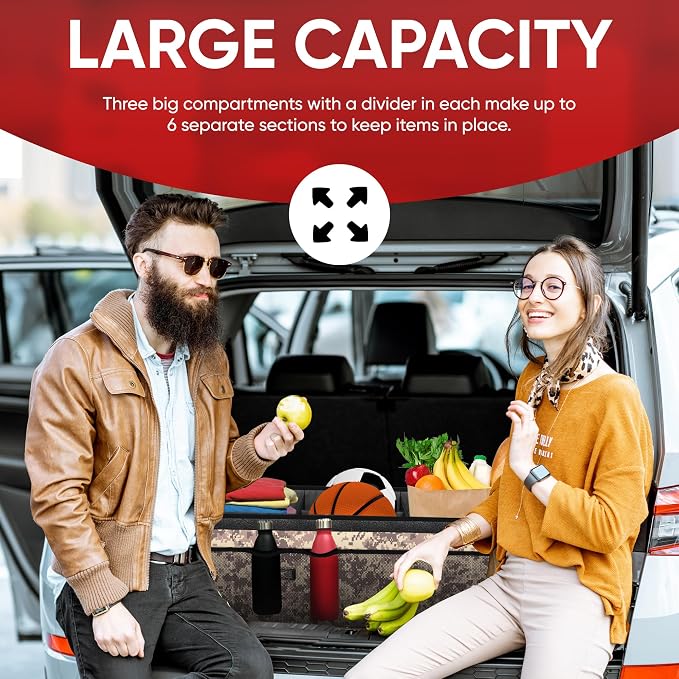 FORTEM Trunk Organizer - Foldable Car Organizer & Storage for SUVs & Trucks | Car Accessories for Men Women, Collapsible Bag, Non Slip Bottom, Straps, Soft Cover, 600D Oxford, 6 Compartments, 85L