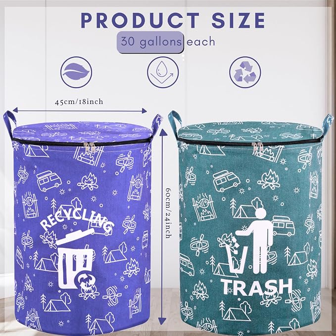 30 Gallon Collapsible Trash Can for RV Camping, Zip Lid | Portable, reusable. For RV, recycling, yard waste, leaf bag, toy bin, hiking, travel, weeds. Folds flat for storage.