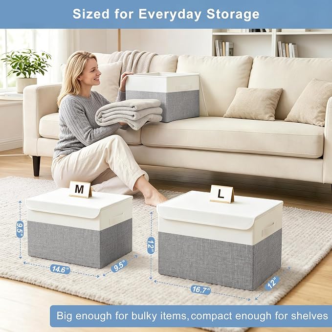 Bagnizer Large 17" 42 Quarts Collapsible Stackable Storage Bins with Lids [3-Pack] Foldable Fabric Linen Storage Boxes Cube, Closet Organizer Baskets with Label (16.7 x 12 x 12, Gray & White)