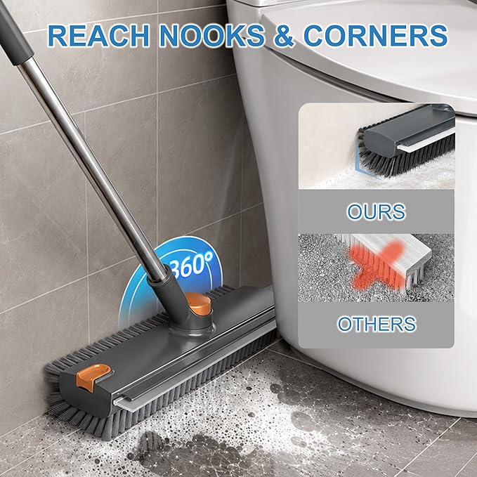 Floor Scrub Brush with Long Handle, 3 in 1 Floor Scrubber, Heavy Duty Stiff Bristle Squeegee Broom for Cleaning Shower Bathroom, Tile, Patio, Pool, Garage, Kitchen and Deck, Grey