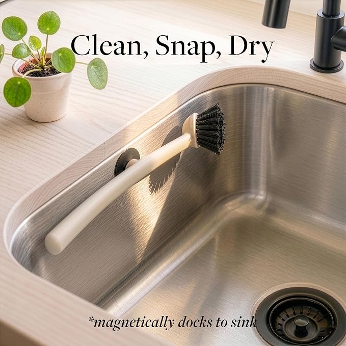 Earth & Mango Magnetic Dish Brush & Scraper, Snaps to Sink, Warm Sand Beige