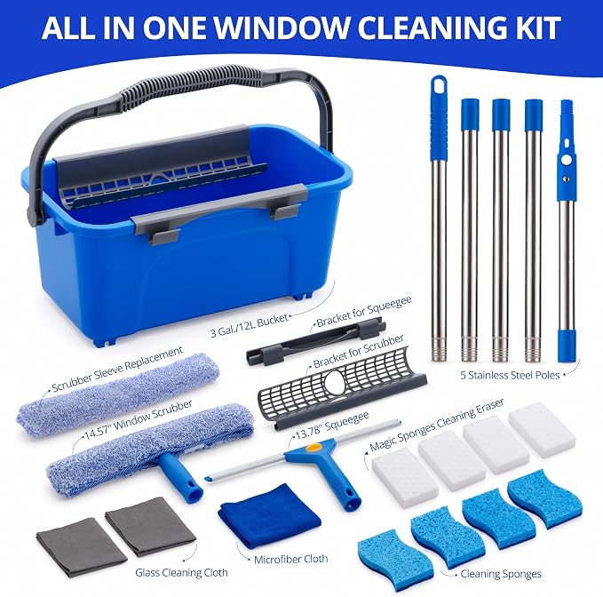 Professional Window Cleaning Kit with Bucket and Extension Pole, 7-in-1 Window Washing Kit with Squeegee, Washer, 8 Cleaning Sponges & 2 Glass Cloths, Exterior Window Cleaning Kit for High Windows