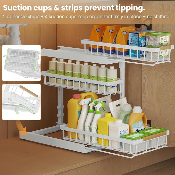Under Sink Organizer and Storage for Bathroom and Kitchen - 1 Pack 3 Tier | Cabinet Pull Out Shelf Organizers - Slide Out Drawer Organization for Home Cabinets Shelves and Drawers
