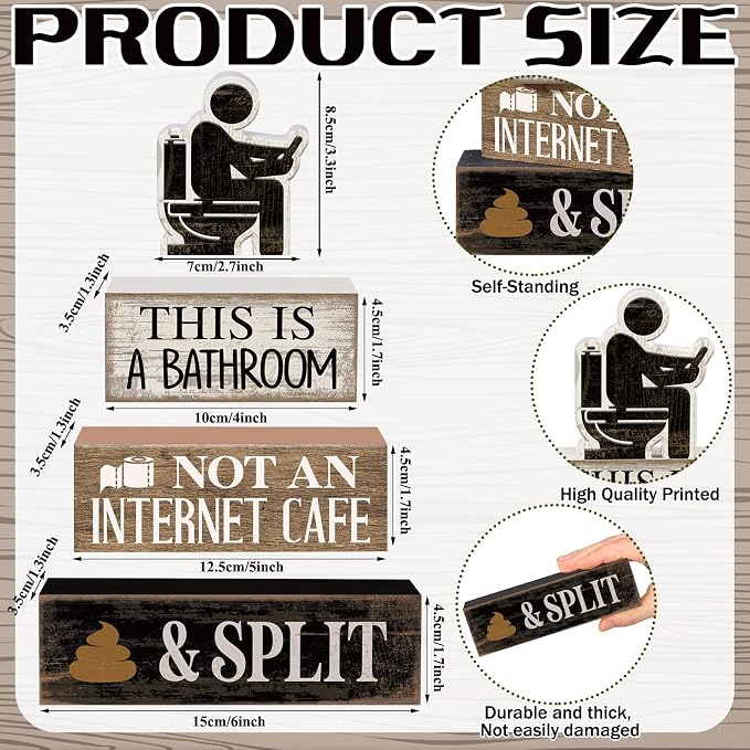 Moucuny 4 Pcs Funny Bathroom Sign, This Is A Bathroom Not An Internet Cafe | Humorous Bathroom Shelf Decor, Farmhouse Rustic Wood, Tiered Tray Accessories, Toilet Humor Conversation Piece