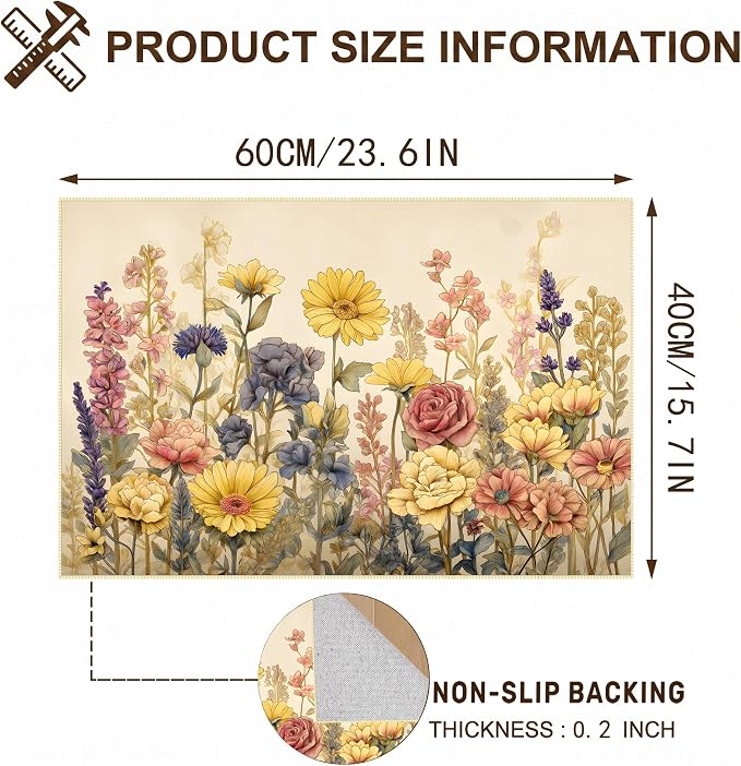 Vintage Floral Faux Cashmere Area Rug 15.7 x 23.6 Inch, Non-Slip Mat (Light Yellow)