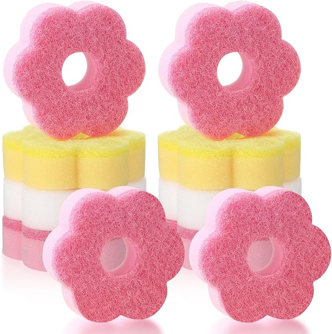Tioncy 12 Pack Pink Flowers Sponges Sweet Flower Dual Sided Non Scratch | Reusable for Dishwashing Cookware Pot Pan, Cute Kitchen Cleaning Accessories, Non Scratch Bulk Household Supplies