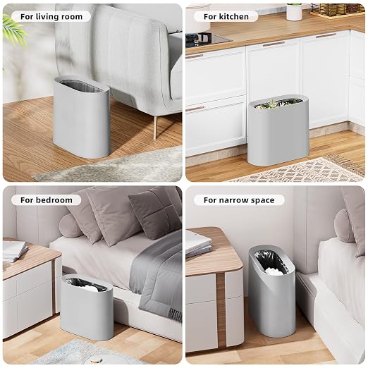 SUBEKYU 2.3 Gal Bathroom Trash Can,Small Garbage Can for Kitchen,Grey | Slim Rectangular Waste Bin,Heavy-Duty Plastic Garbage Can with Detachable Inner Liner