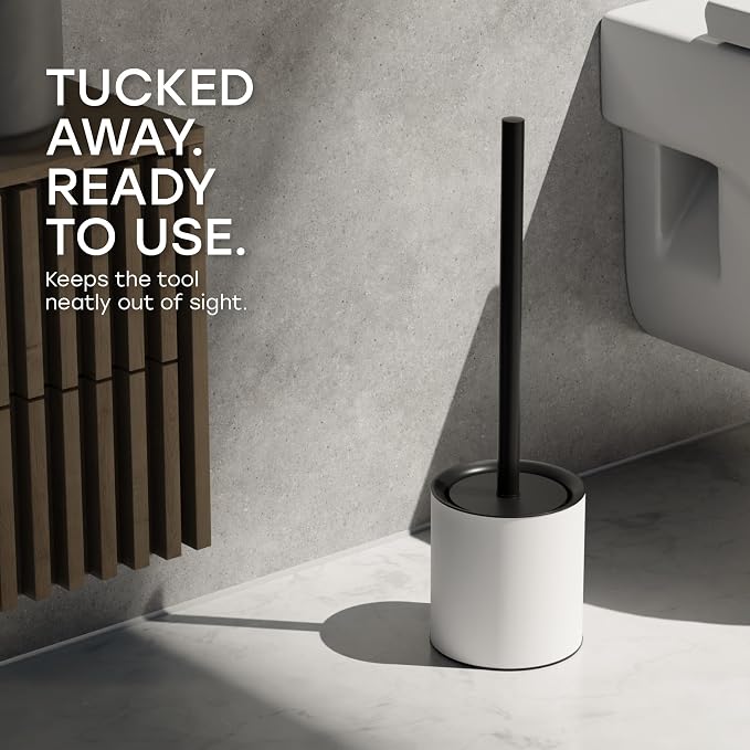 Toilet Bowl Brush and Enclosed Holder Set – White | Freestanding toilet brush set with durable steel holder and integrated splash guard lid in clean matte white
