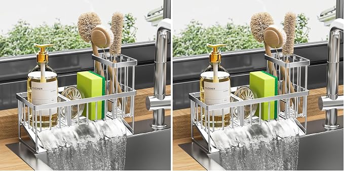 Cisily Sink Caddy Sponge Holder for Kitchen, 304 Stainless Steel Rustproof, Kitchen Sink Caddy with High Brush Holder, Dish Sponge Organizer with Divider(Silver) (Pack of 2)