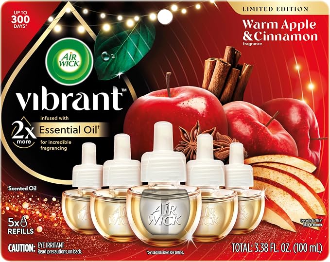 Air Wick Vibrant Plug In Scented Oil Refill,Infused with Essential Oils,Plug In Air Fresheners for Home,Fall Scent,Fall Décor,Warm Apple & Cinnamon,5 ct,(Pack of 2)