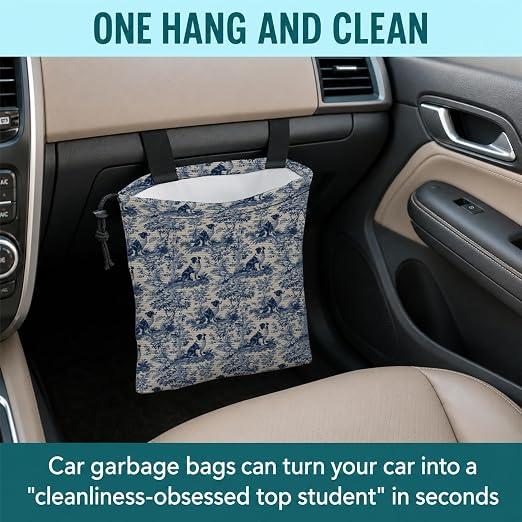 Chinoiserie Border Collie Car Trash Bag Hanging for Back Seat | Blue and White Dog Canvas Drawstring Car Garbage Bag with Adjustable Buckle Vehicle Trash Can