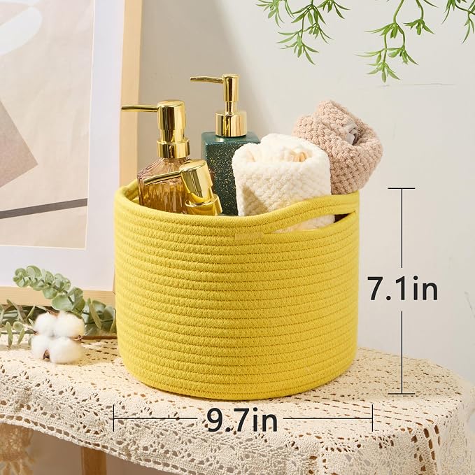 MiniArk Small Basket for Organizing | Cube Shelf Closet Storage Baskets | 9.7×9.7×7.1” | Woven Rope Gift Basket | Nursery | Round 3 Packs Yellow