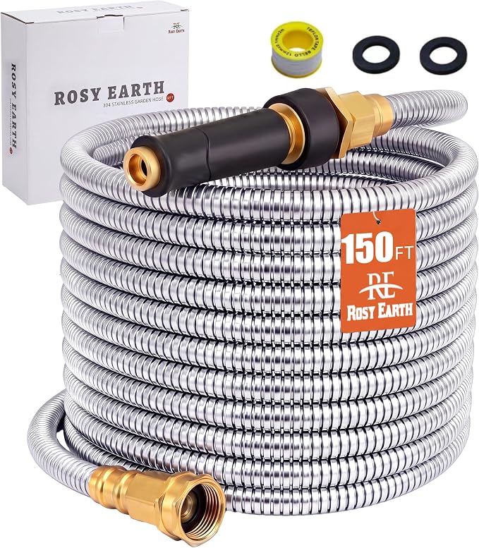 Rosy Earth Metal Garden Hose 150 FT - 304 Stainless Steel Water Hose 150 FT - Expandable Short Flexible Garden Hose,no Kink Explosion, no Bite